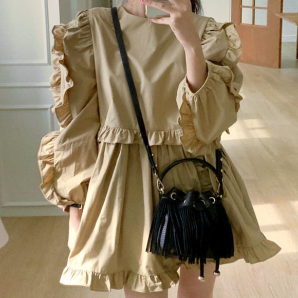 Dresses & Skirts - Nomikuma Sweet Ruffle Patchwork Dresses Women Puff Sleeve O-neck Dress 2021 Autu